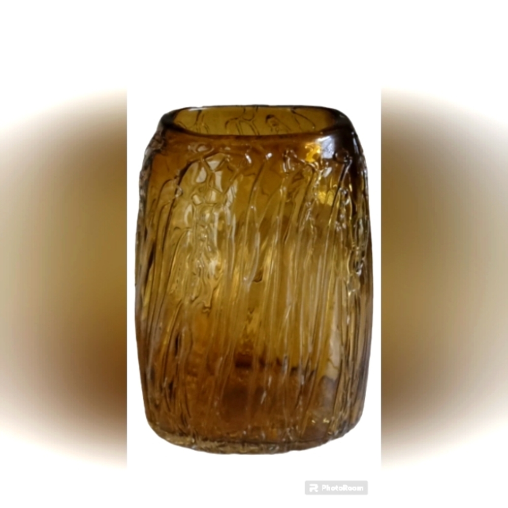 Vintage Empoli Amber Glass Vase Embossed Wax Drip Design Flat Oval Skirt Shape